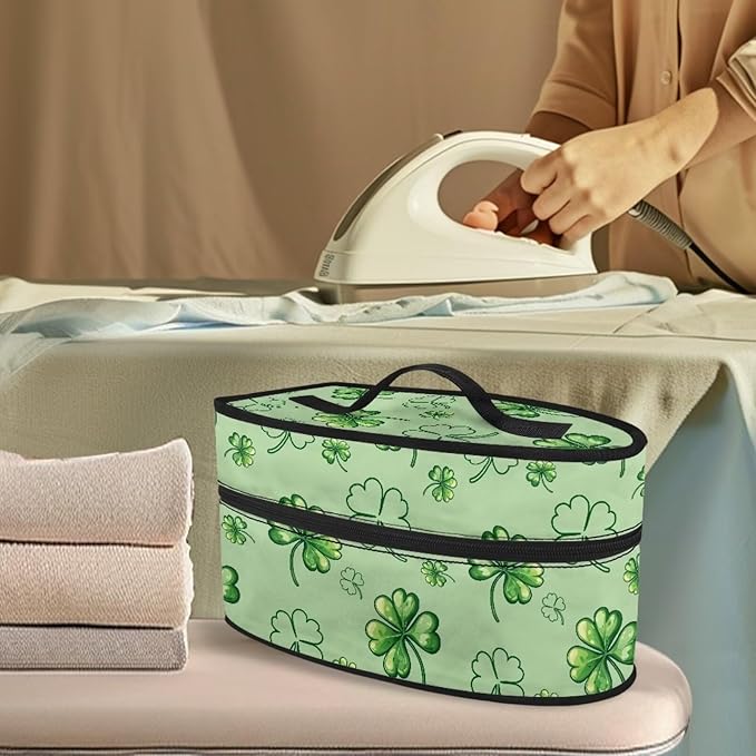 St Patricks Day Iron Portable Storage Bag with Zipper Closure Reusable Easy to Clean Clothes Iron Storage Case for Traveling Home, Four Leaf Clover