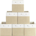13 x 13 Inch Fine Linen Storage Bins with Handles，Fabric Cube Boxs，Basket Organizers for Shelves for Home, Closet Drawers (White/Khaki-6 Pack)