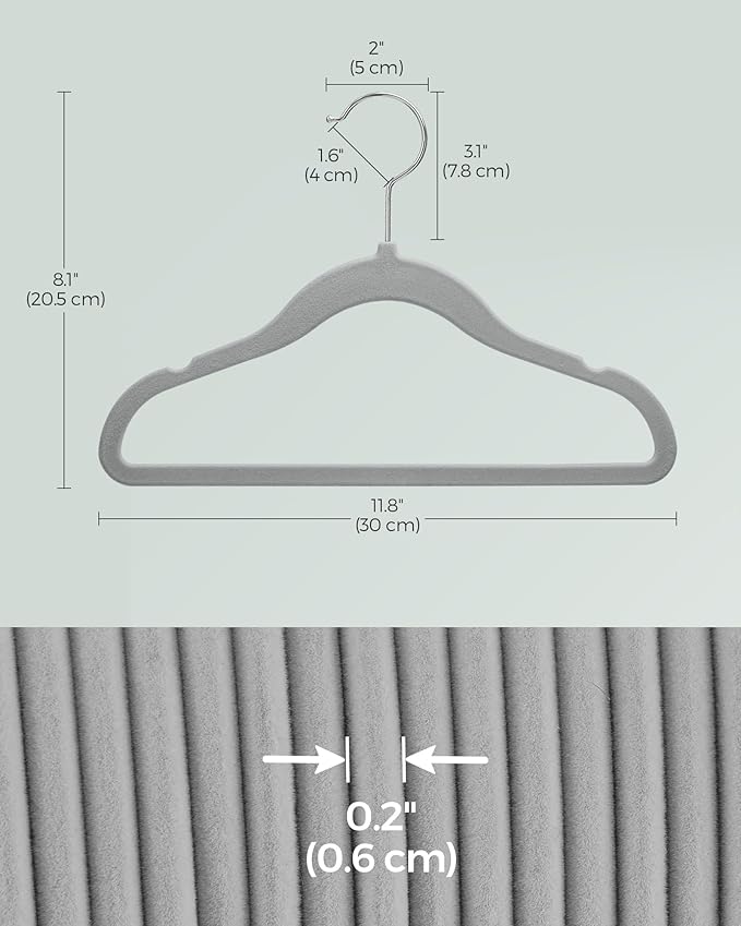 SONGMICS Baby Kids Hangers 50 Pack for Closet, 11.8 x 8.1 Inches, Silver 360° Swivel Hooks, Space-Saving Clothes Velvet Hangers for Nursery, Non-Slip, Dove Gray UCRF027G05