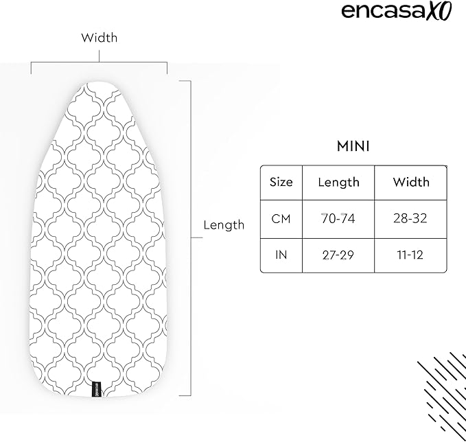 Encasa XO Ironing Board Cover and Pad 28"x12" - Thick 3mm Felt Padding, Drawstring Tightening & Lock, Easy Fit, Scorch & Stain Resistant, Fits Mini Ironing Board - White Tiles