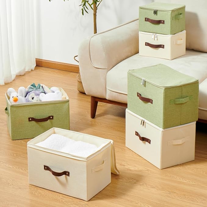 Storage Bins with Zipper Lid Cotton Linen Fabric Lidded Storage Baskets Boxes Foldable Washable Closet Shelf Clothes Organizer Container with PU Leather Handles (Green, Large Size)