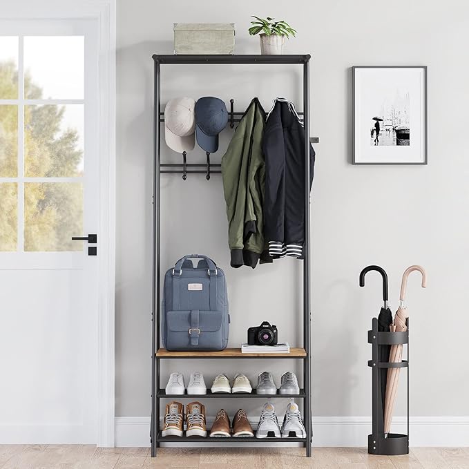 GAOMON Coat Rack, Hall Tree with Shoe Bench for Entryway, Shoe Rack Organizer with 10 Coat Hooks, 3-in-1 Hall Tree Entryway Bench, Wooden Furniture with Metal Frame