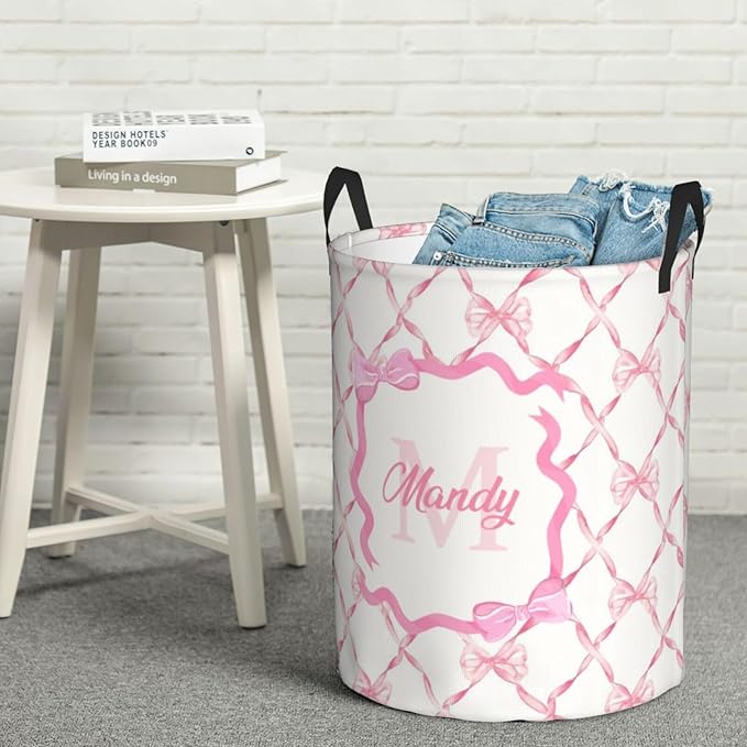 Personalized Laundry Basket for Nursery, Custom Nursery Laundry Hamper with Name, Customize Baby Clothes Circular Hamper for Boys Girls Room Decor, Pink Bow