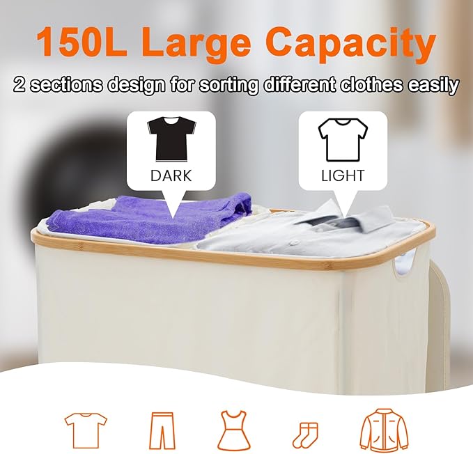 GARPROVM Double Laundry Hamper with Lid 150L Large Laundry Basket with Bamboo Handles Foldable Clothes Hampers with 2 Removable Liner Bags for Laundry for Bedroom Bathroom Dorm Laundry Room (Beige)