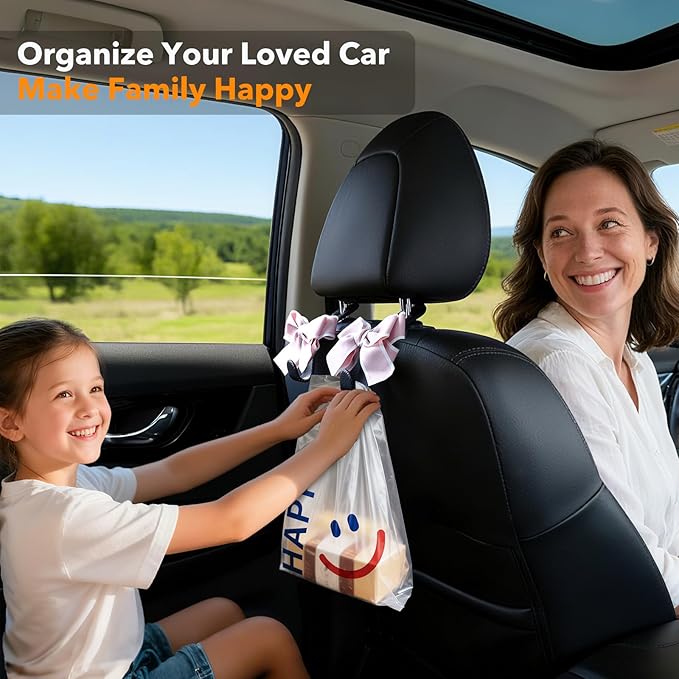Car Purse Hook, Cute Bow Hooks for Headrest - Leather U-Shaped Purse Holder for Car, Flexible Seat Back Organizer & Durable Vehicle Accessories for Bags, Coats & More (Black&Pink-2 Pack)
