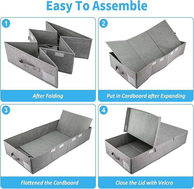 2 Pack 48L Under Bed Storage Containers, 6 Inches Tall Foldable Underbed Clothes Storage with Lids&3 Handles, 31.5 x 15.7 x 6 inches Low Profile Stackable Bins Box for Bedroom Blankets Clothes Shoes