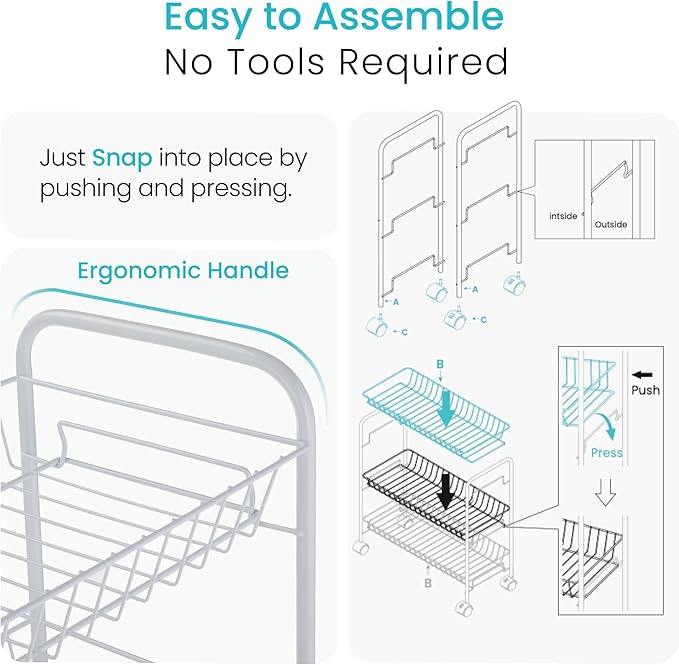 Home Zone Living Rolling Utility Cart with Handle, 3 Tier Versatile Storage Organizer with Wheels for Home, Office, Living Room, and Kitchen