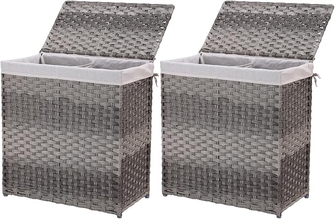 Mxfurhawa Slim Laundry Basket on Wheels, Heavy Duty Cotton Liner Laundry Storage Hamper with Handles, Collapsible Clothes Wire Basket Organizer Laundry Bag (2PCS-01A)