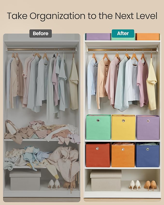 SONGMICS Storage Cubes, Set of 6 Odorless Foldable Storage Boxes, 10.2 x 10.2 x 11 Inches, Closet Organizers for Shelf, Rainbow Storage Bins, Colorful Fabric Bins for Bedroom, Living Room URFB226XA10