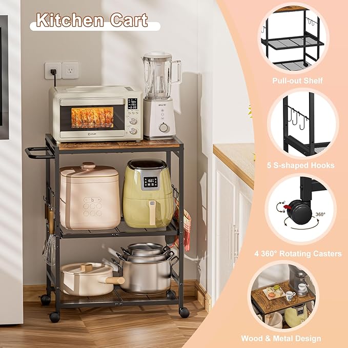 Kitchen Cart with Adjustable Shelves 3-Tier, Rolling Microwave Cart with Push Handle, Microwave Storage Stand with Drawer Slider Shelf, Utility Cart for Kitchen, Restaurant, Living Room, Office