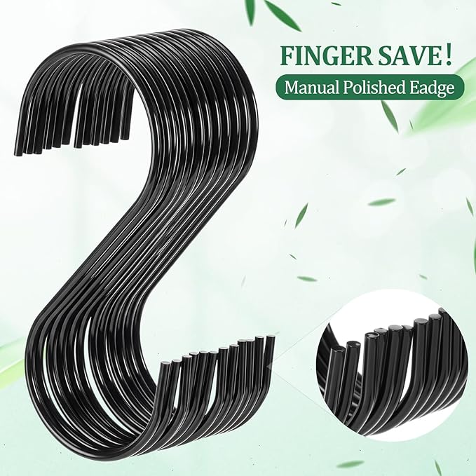 24 Pack 6 Inch Black S Hooks for Hanging Pots and Pans, Vinyl Coated Metal Kitchen Pot Rack Hooks Heavy Duty Hangers for Closet Jeans Utensils Coffee Mugs Plants
