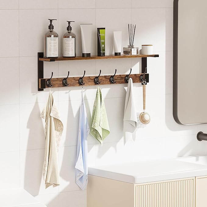 Wall Hooks with Shelf, 28.7 Inch Coat Rack Wall Mount with Hook for Coat Backpack Key Clothes Hanger, Wall Floating Shelf Hanging in Entryway, Living Room, Bathroom, Bedroom, Kitchen