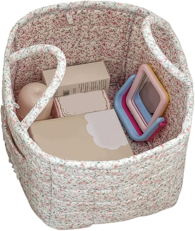 Quilted Fabric Storage Basket Boho Floral Laundry Baskets with Handles Collapsible Quilted Soft Basket for Car, Clothes, Toys Storage