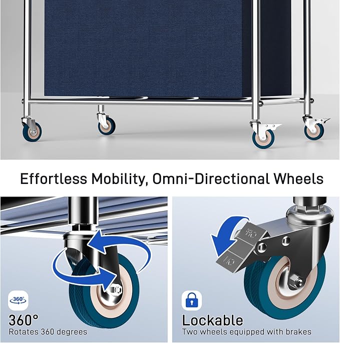 Commercial Laundry Cart with Wheels, 440 lbs Heavy Duty Industrial Laundry Cart with Sturdy Frame and Oxford Bag for Home Hotel Hospital, Rolling Laundry Cart for Home & Hotel, 400L(Blue)