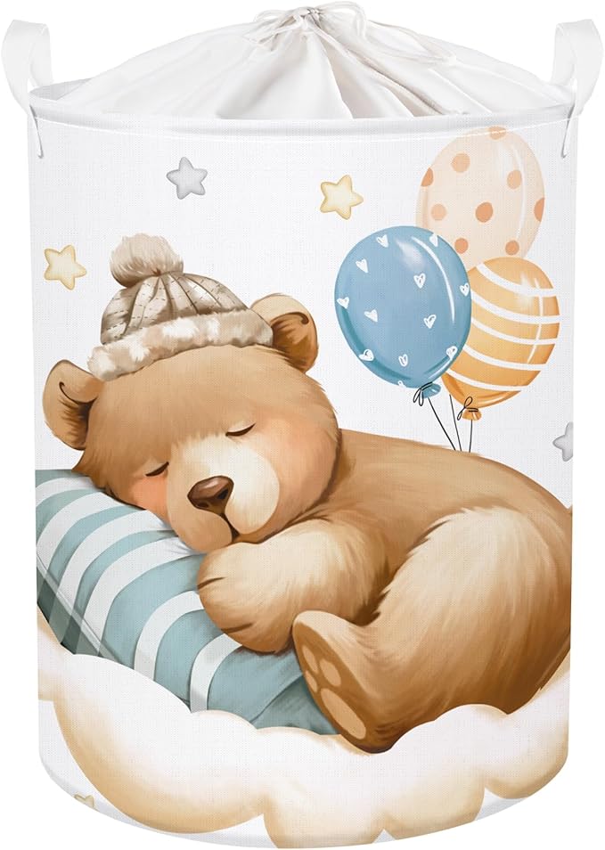 Sleeping Animals Baby Laundry Hamper Collapsible Clothes Kids Storage Basket Large Boys Girls Gift Toy Box Bin for Nursery, Bear, 63L