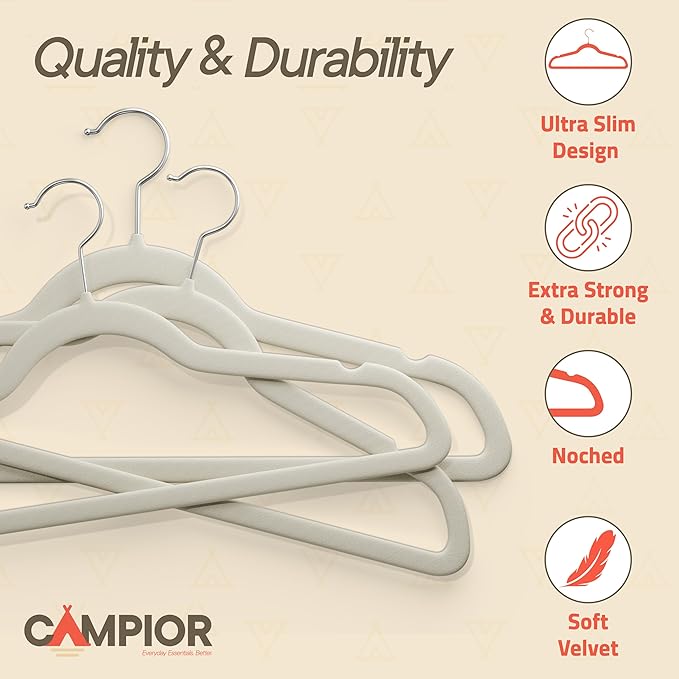 Ivory Velvet Hangers 50 Pack – 360° Swivel Hook, Non-Slip and Space Saving Hangers, Heavy-Duty 11 lbs Weight Capacity - Smooth Velvet Finish for Crease-Free Clothes and Effortless Closet Organization