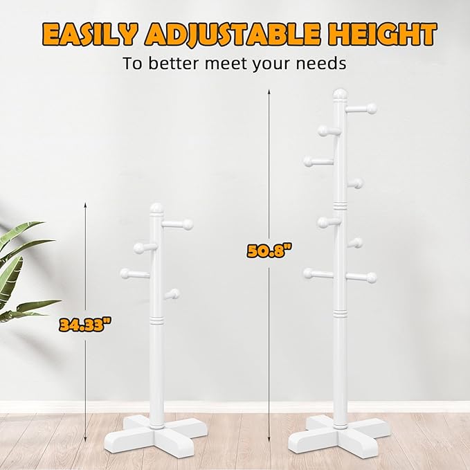 Coat Rack, Freestanding Coat Racks with 8 Hooks 2 Adjustable Height, Tree Coat Rack for Bedroom, Hallway, Entrance, Office, Hats, Handbags,Purse (White)