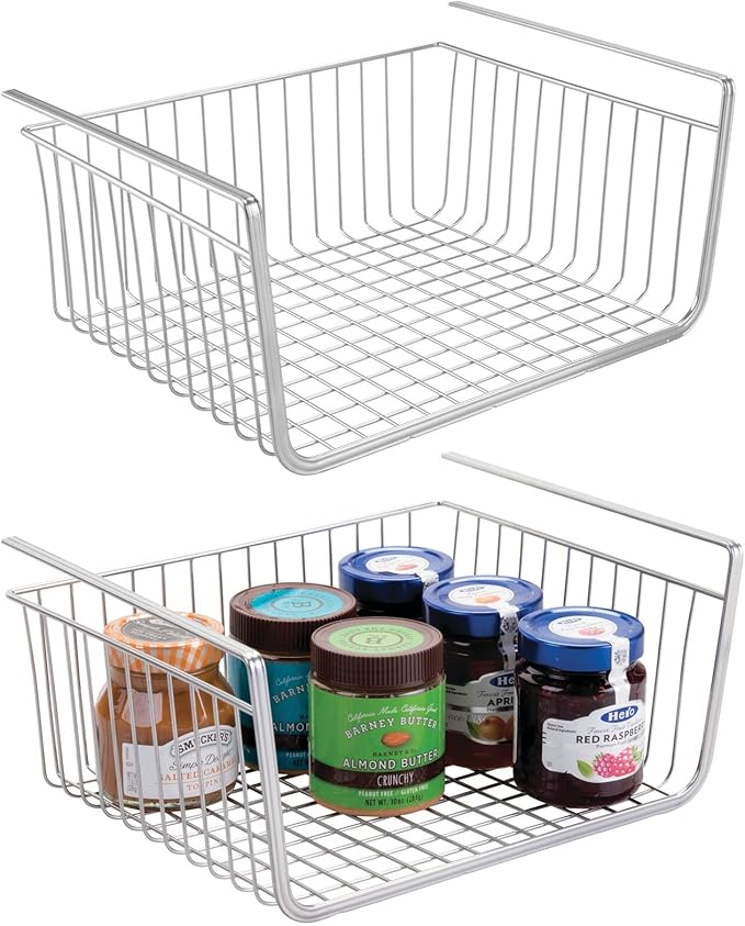 mDesign Metal Under Shelf Basket for Kitchen Storage - Wire Farmhouse Sliding Bin Basket for Pantry - Large Open Front Organizer for Food, Drinks, Snacks - Hyde Collection, 2 Pack - Chrome