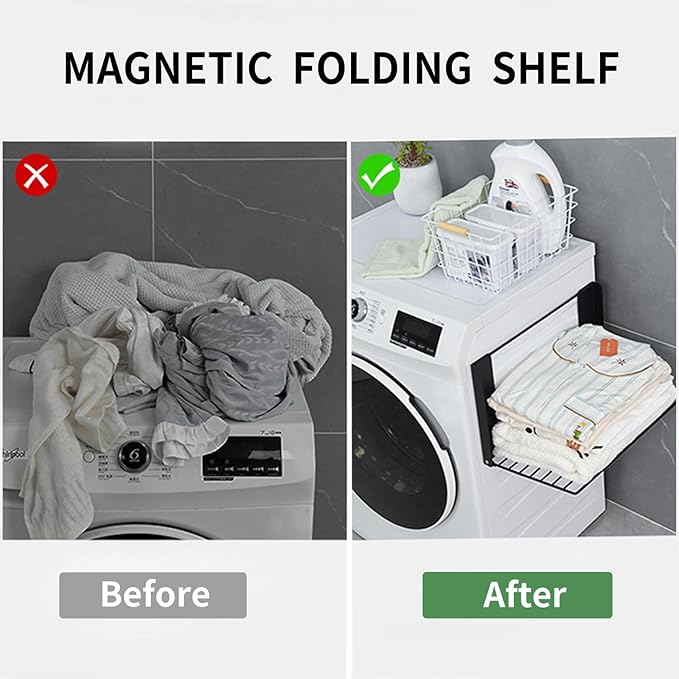 Magnetic Multi-Purpose Organizer Shelf – Space-Saving Side Storage for Washing Machine, Fridge & Bathroom, Folding Towel Rack for Laundry Room & Camper Sink Area – Black