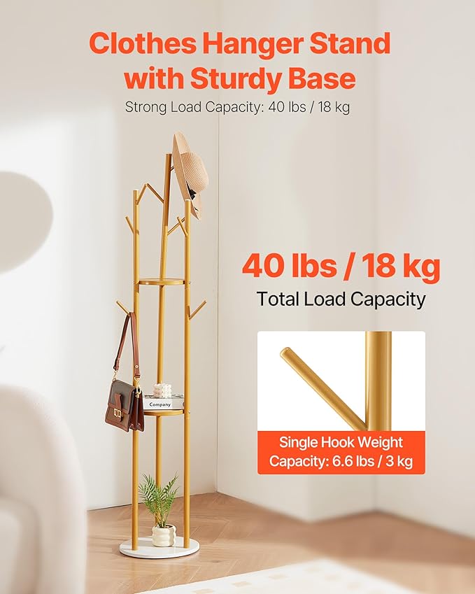 VEVOR Coat Rack, Freestanding Coat Rack Stand with Quartz Stone Base & 9 Hooks, Free Standing Hall Coat Tree for Entryway, Bedroom, Office, Living Room, Modern Clothes Hanger for Coat, Hat, Scarf, Bag