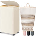 Goodpick Laundry Basket with Wheels, Large Laundry Hamper with Lid 100L Clothes Hamper with Removable Laundry Bag Collapsible Dirty Clothes Basket for Laundry Room, Bedroom, Beige