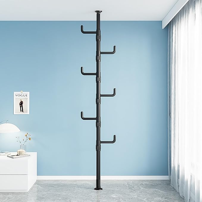 Easy to Setup Adjustable Clothes Stand Space Saving Drying Rack Coat Hanger DIY Floor to Ceiling Tension Rod Storage Organizer for Bedroom, Balcony, Bathroom, Hallway (Black)
