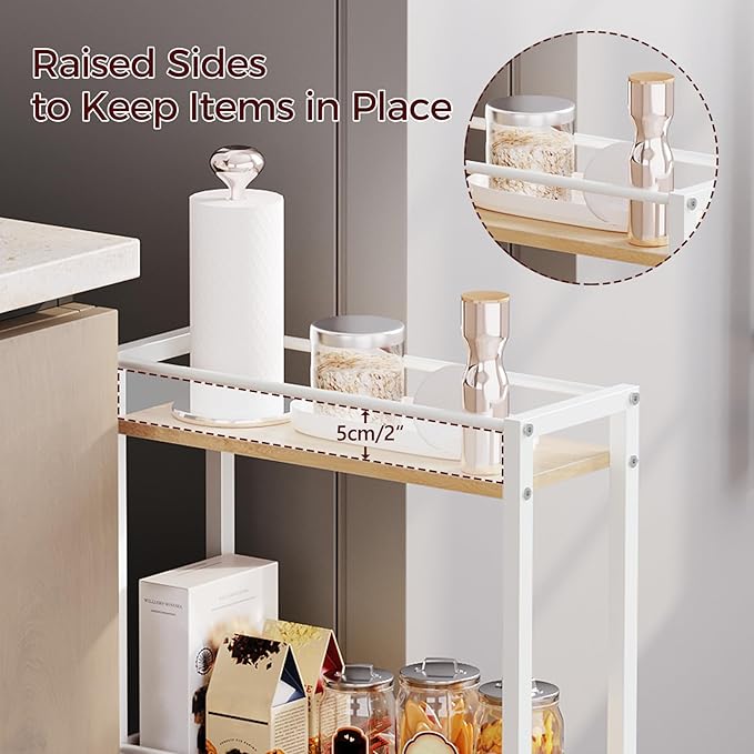 Slim Rolling Cart, Mobile Kitchen Cart on Wheels, Narrow Storage Cart for Small Space, Wooden Kitchen Storage Rack, for Bathroom, Laundry, Living Room, White RCBN1501