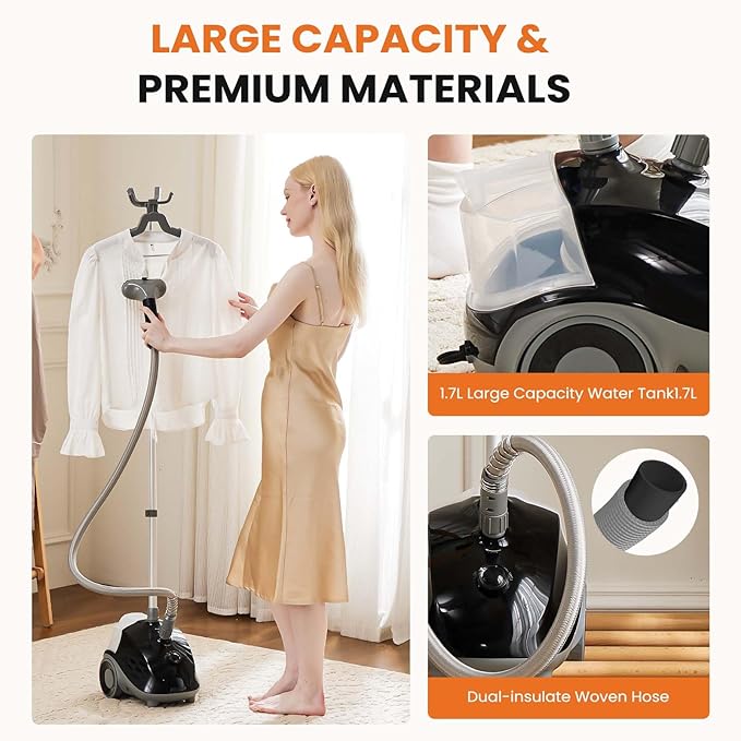 Sweetcrispy Garment Steamer for Clothes Standing, 1500W Powerful Clothes Steamer Standing with Wheels, 1.7L Water Tank for 55 Min Continuous Steaming, Professional Wrinkle Remover Heats in 45 Seconds