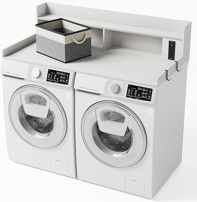 Upgraded 2-Tier Washer and Dryer Countertop with Power Outlet,54" W x 27.6" D Large Laundry Countertop for Fold Clothes, Laundry Topper with Non-Slip Pads & Metal Hooks and Storage Basket
