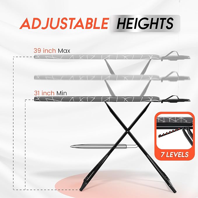Xabitat Extra Wide Ironing Board 60" X 20" with Wheels & Wall Mount Hanger | Full Metal Iron Board | Built in Iron Caddy | Heat & Scorch Resistant Cover| Heavy Duty | Wide Leg