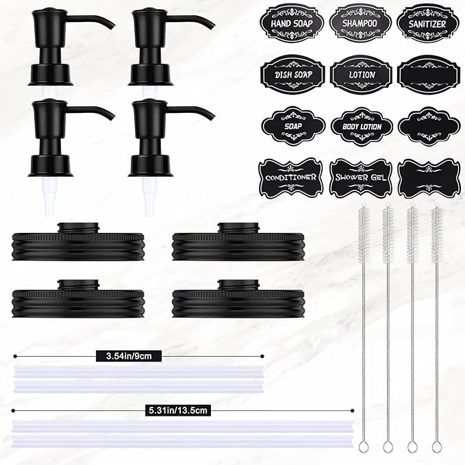 Plastic Soap Dispenser Set, 1.2CC Rustproof Pump and Lids for Regular Mouth Mason Jars, Quick Assemble Accessories for Farmhouse Kitchen Bathroom Counter Decor - 4 Pack Black