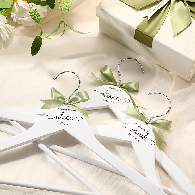 Chunful 10 Pack Personalized Bride Hanger for Wedding Dress Custom Name White Wooden Bridal Hangers with UV Dtf Transfers Natural Wood Dress Hanger with Ribbon Bow Bride Wedding Gift