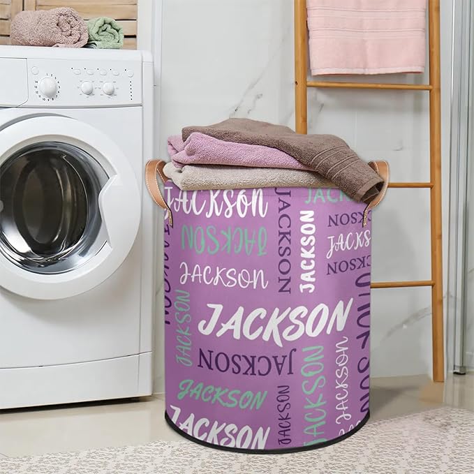 Custom Name Large Laundry-Basket for Kids-Boys-Girls, Personalized Foldable Waterproof Laundry Hamper Dirty Clothes Toys Storage Bin with Handles,Purple