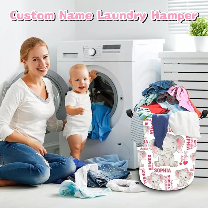 Personalized Laundry Hamper Custom Kids Dirty Clothes Hamper with Name Storage Basket for Bathroom Bedrooms Nursery for Baby Girls Boys Adults (Style-Pink Elephant)