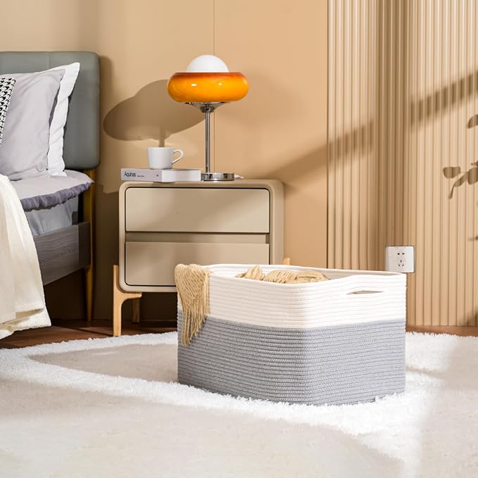 Large Blanket Basket Living Room, Rectangle Storage Basket, Large Basket for Blankets, Woven Cotton Rope Baskets for Storage Toy Dirty Clothes, 22”x17”x12”, White & Grey, 75L