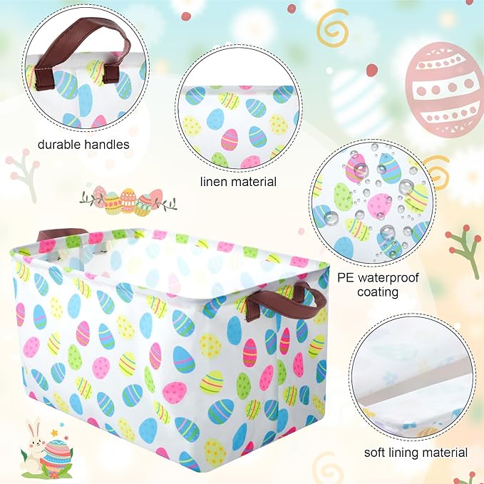 Vesici 6 Pack Large Easter Baskets for Gifts Empty Easter Storage Bins Foldable Bunny Rabbit Eggs Storage Basket Rectangular Canvas Boxes with Handle for Books Clothes