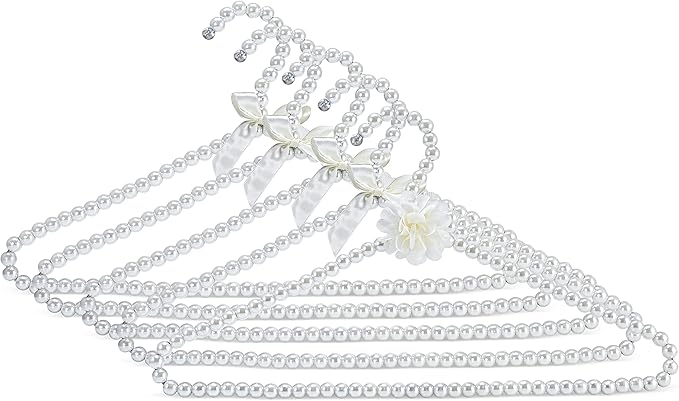 Pearl Hangers Strong Metal Heavy Duty Pack of 5 Elegant Clothes Hangers Beaded White Flower Ribbon Combination for Adults Men Women Kids Children