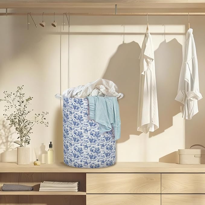 Chinoiserie Western Cowboy Laundry Basket Hamper, Blue and White Toile Rodeo Cowboy Western Foldable Clothes Toys Books Storage Box Bins Baskets Organizer for Bedroom Bathroom Home