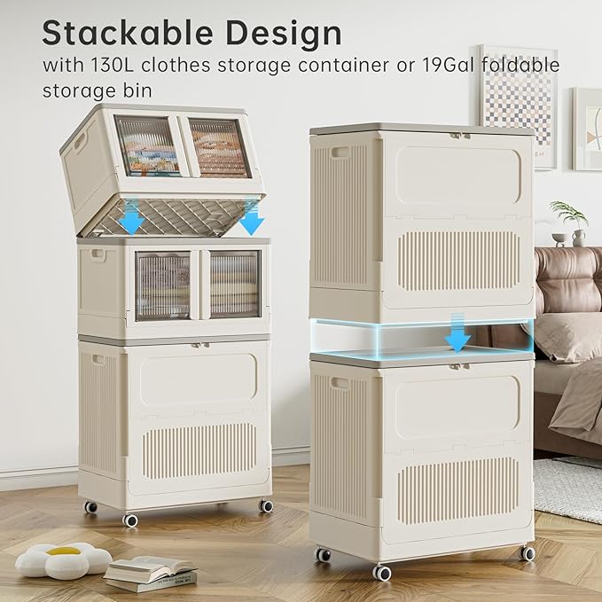 HAIXIN HOME 130L Plastic Laundry Hamper with 3 Soft Bags, Foldable Rolling Clothes Laundry Basket with Lid for Bedroom, Bathroom, Dorm, Heavy Duty Clothes Organizer with Wheels for Bedding, Blankets