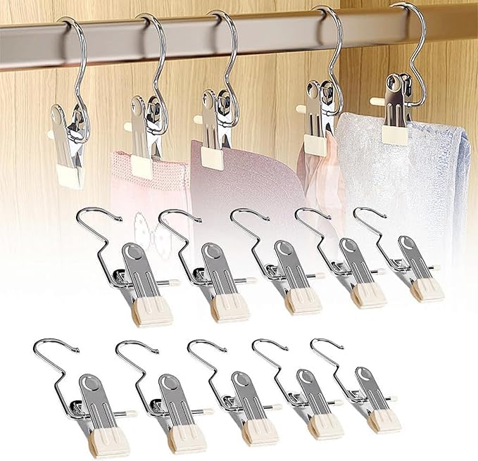 2024 New Space-Saving Clothespin Hat Pants Storage Hanging Travel Hook, 360° Swivel Stainless Steel Hangers with Clips, Laundry Hooks Hanging Clips Clothes Pins Socks Towel Clips (B-White 30PCS)