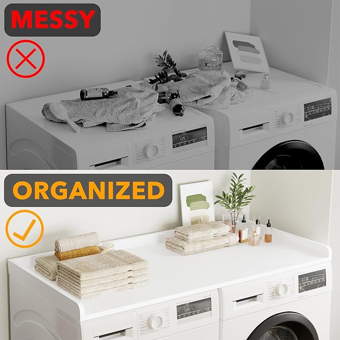 SpaceAid Washer Dryer Countertop, Laundry Wood Shelf Topper with Edge, 54" Width x 27.5" Depth Cover Guard Organizer for Washer and Dryer Laundry Hamper Counter Storage Organization (White)