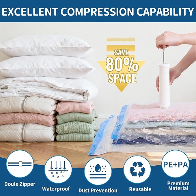 7 Pack Vacuum Storage Bags with Pump, 2 Roll-Up 1 Small 1 Medium 1 Large 1 Jumbo 1 Super Jumbo, Heavy Duty PA+PE, Reusable Vacuum Seal Bags for Clothing, Travel & Home Storage