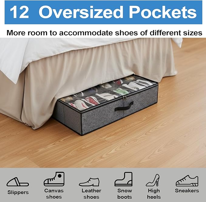 2 pc Sturdy Under Bed Shoe Storage Organizer, Underbed Shoes Closet Storage Solution with Clear Window, Breathable, With 1 Sock Bag and 20 Disposable Shoe Bags Fit 12 to 24 Pairs, Linen-like Black