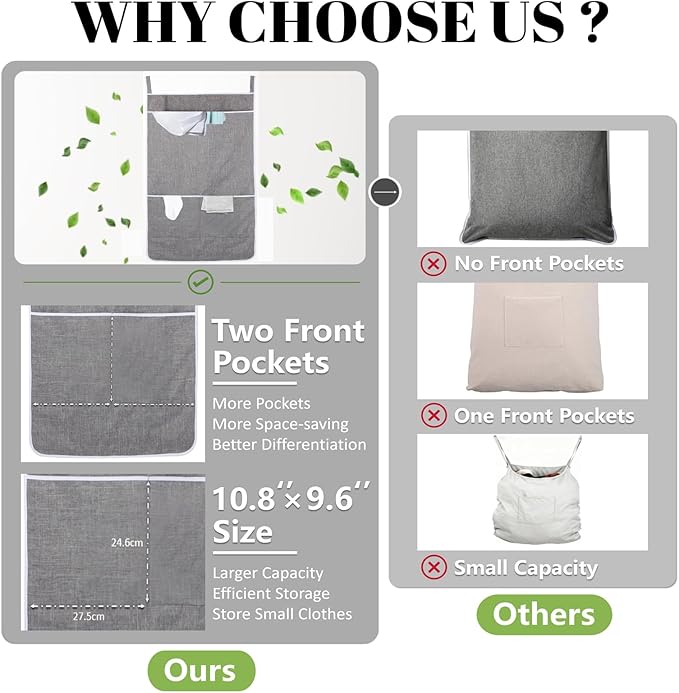 XL Hanging Laundry Hamper Bag, Door Hanging Hamper with Front Pocket Dirty Clothes Hanging Laundry Bag Large Size 36X22 inch, Over Door Hamper