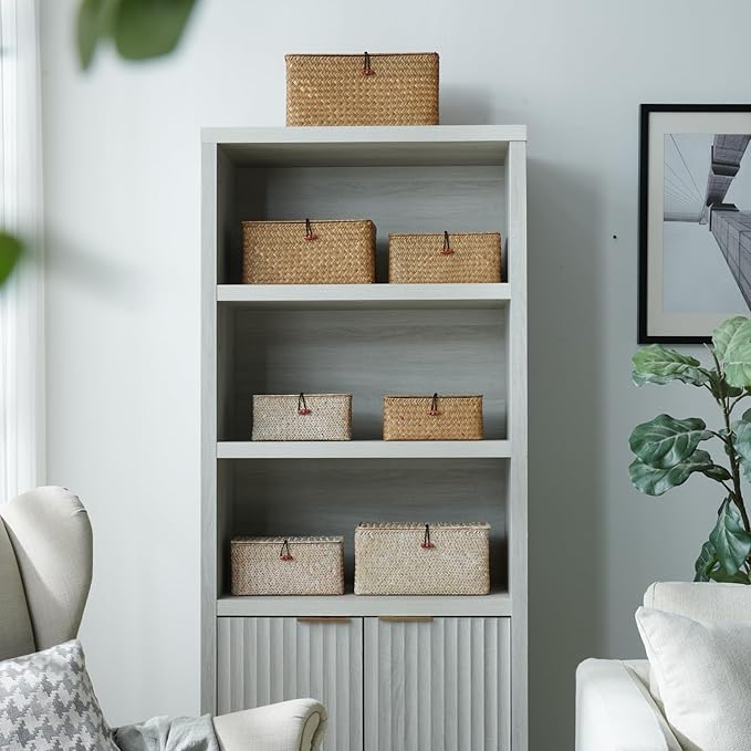 4 Pack, Wicker Baskets with Lids, Nautral Seagrass Storage Baskets, Wicker Storage Baskets for Organizing, Rustic Rectangular Storage Basket, Rattan Storage Organizer for Shelf Whitewash