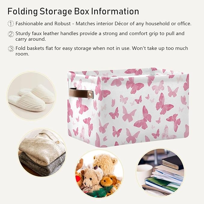 Watercolor Pink Butterfly Storage Basket Bin, Large Cube Storage Box Canvas Collapsible Storage Organizer for Home Office Closet, 2 Pack - 15 L x 11 W x 9.5 H