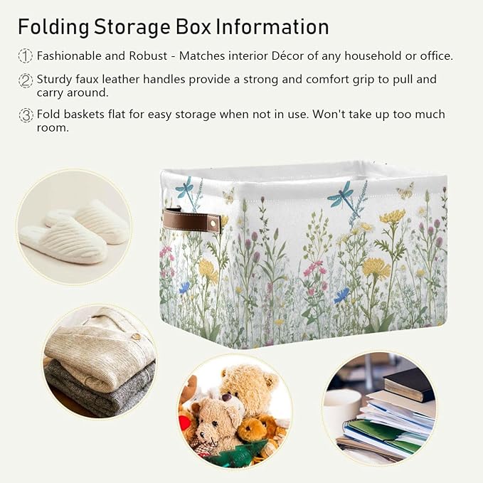 Colorful Herbs And Flowers Storage Baskets,Decorative Collapsible Rectangular Canvas Fabric Storage Bin for Home