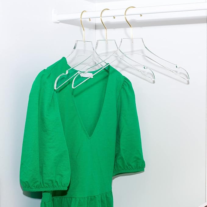 HomeCube USA Clear Acrylic Clothes Hanger with Gold Hooks – Heavy Duty Lucite Closet Organizer, Elegant & Sturdy for Shirts, Dresses, Coats, Suits & Boutique Use (10, Large 17")