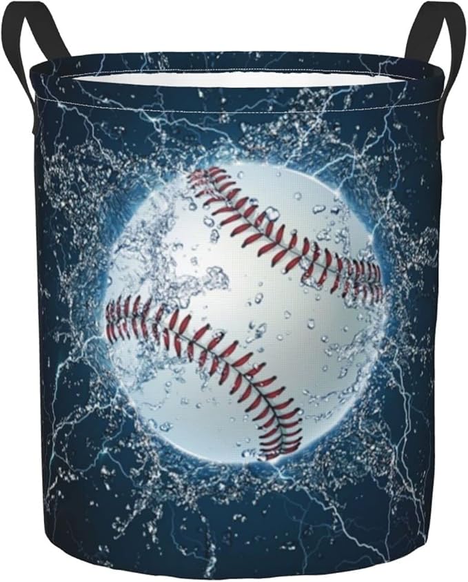 Dujiea Baseball Laundry Basket Round with Handle, Collapsible Foldable Canvas Storage Bin Dirty Clothes Bag for Laundry/Toys Organizer/College Dorm/Nursery/Decor(2 Sizes)