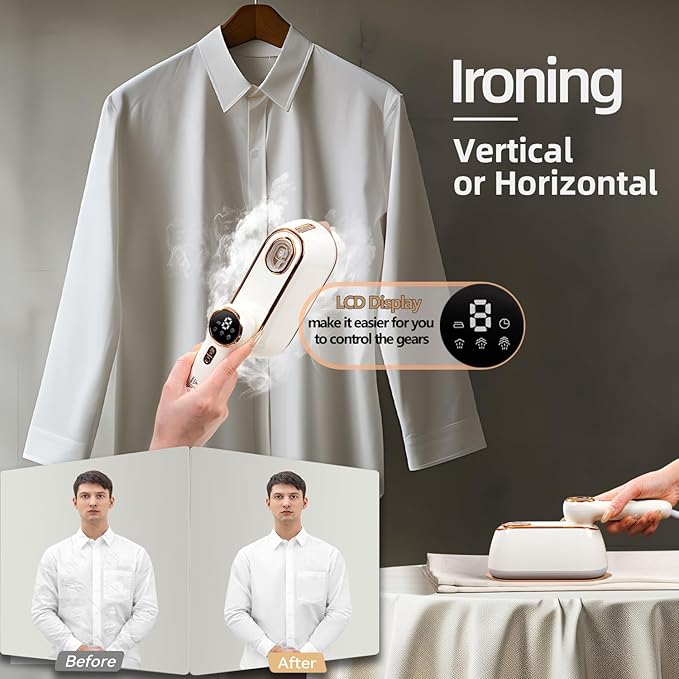 Travel Steamer & Iron for Clothes – Handheld Clothing Steamer, 10s Fast Heating, 4 Modes, LCD Display, 180° Swivel Handle, Garment Steam Wrinkle Remover 2-in-1 for Home and Business